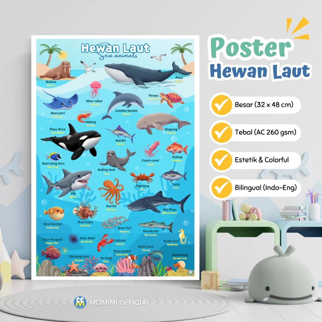 Poster Hewan Laut Edukasi Anak Poster Binatang Laut Poster Belajar Anak Toodler, Balita, TK, PAUD