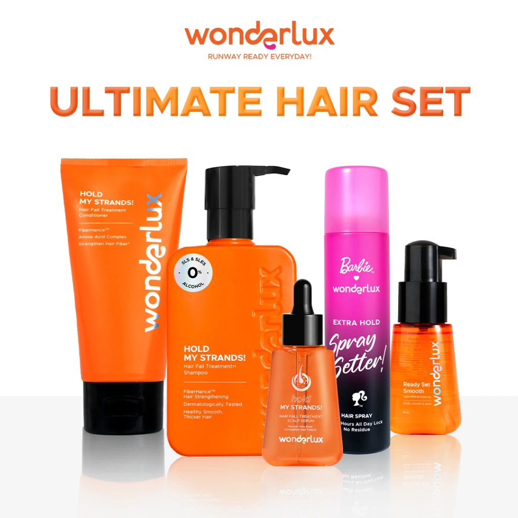 [Ultimate Hair Set] Wonderlux Hold My Strands! Shampoo + Conditioner + Serum + Ready Set Smooth Hair Oil + Extra Hold Spray Setter! [5 PCS] Treatment for Hair Fall Rambut Rontok Rambut Lebat