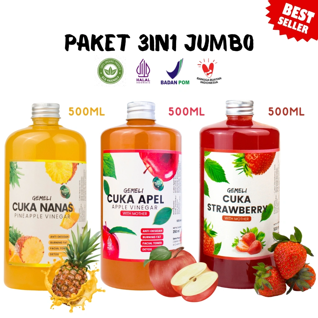 Paket Cuka Apel Original 500ml Cuka Nanas 500ml Cuka Strawberry 500ml With Mother