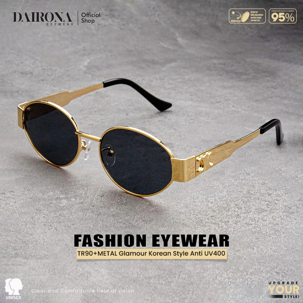 Dairona Eyewear Kacamata Hitam Sunglasses Model Oval Gaya Korea Sunglasses Anti Silau UV400 Fashion Pria Wanita Material TR-90+Metal 9521