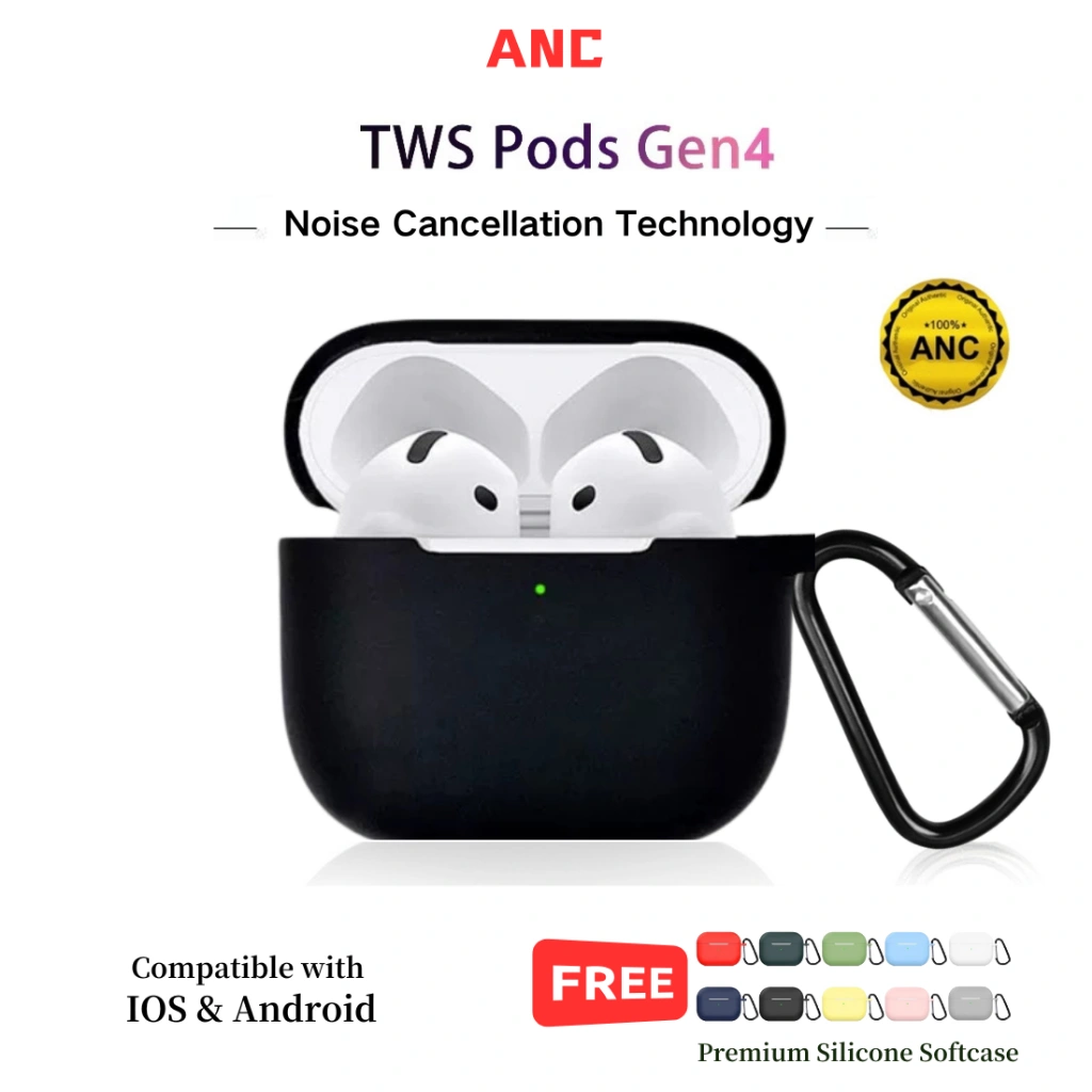 ANC TWS Pods Gen 4 Earphone Bluetooth headset bluetooth Original headset gaming with Wireless Charging case + Premium Silicone Softcase with Hook for airpods gen 3 airpods gen 2 airpods iphone Airpods Gen 4 Airpods 4 airpods bluetooth