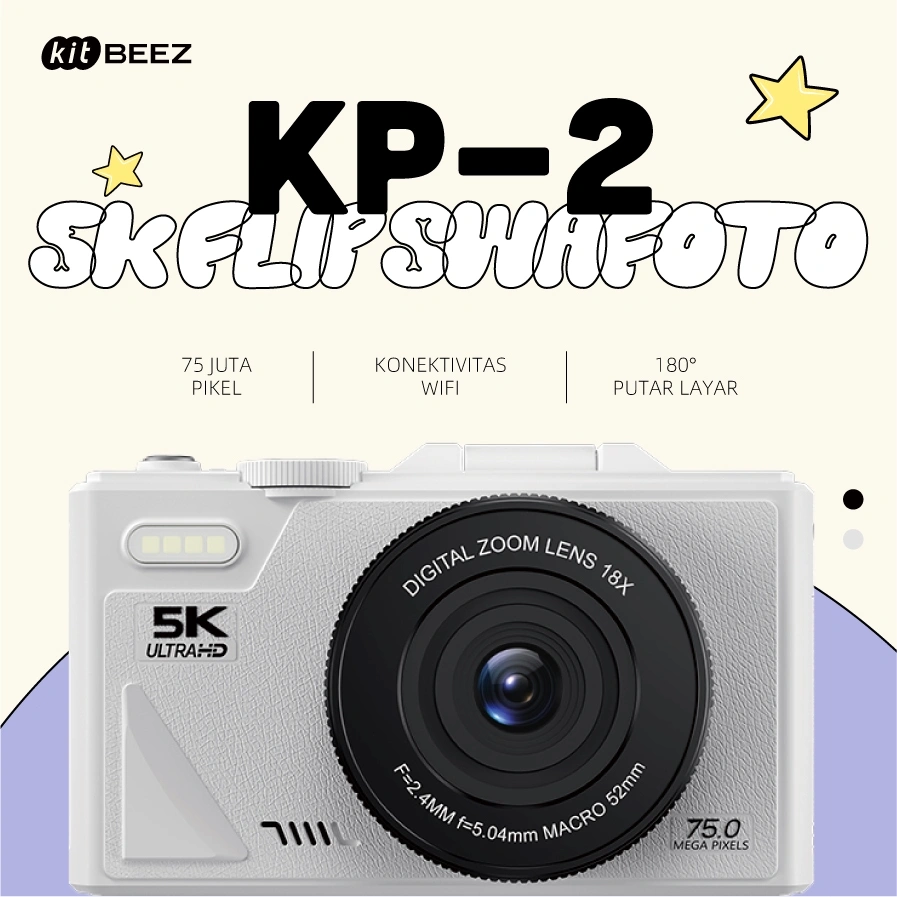 KiTBEEZ KP-2 WiFi Digital Camera 75MP 5K 18x Digicam 180°Rotatable Selfie Camera with Flash Filters