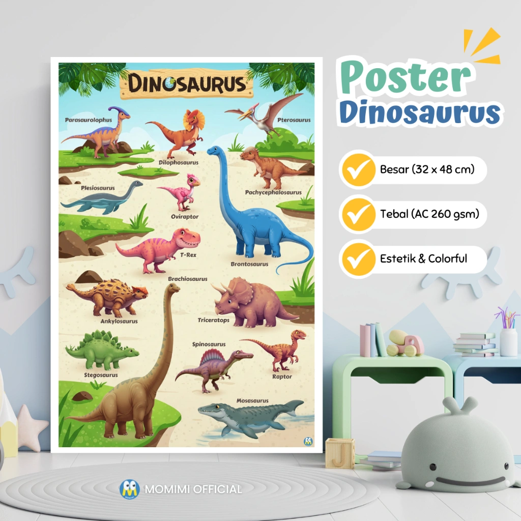Poster Edukasi Anak Mengenal DINOSAURUS Estetik Colorfull untuk Belajar Anak Balita, PAUD, TK
