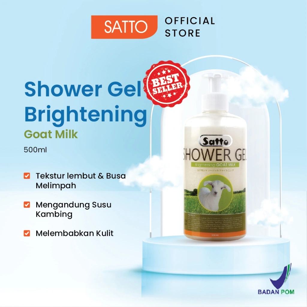 Satto Brightening Shower Gel Goat Milk Botol 500ML – Mencerahkan, Melembapkan & Lembut di Kulit