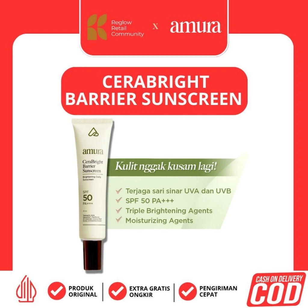 Amura CeraBright Barrier Sunscreen SPF 50 PA+++ - Cocok untuk Wajah, Melindungi dari Sinar UV & Mencerahkan Kulit Berminyak Kering Jerawat