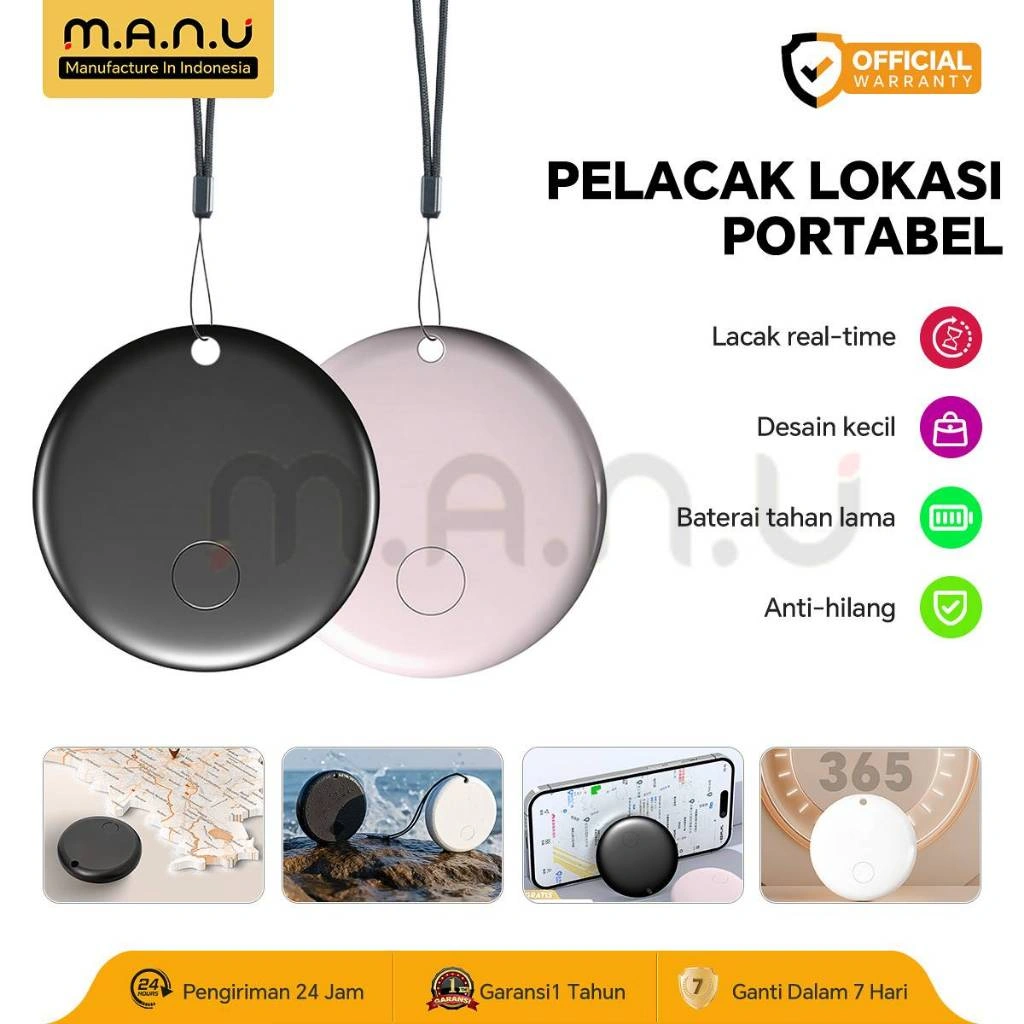 MANU Smart Tag Pelacak Anti Lost - Fitur Alarm, Lokasi akurat & Real-time, Baterai Tahan Lama 365 Hari, Pelacak Kunci, Tas, Hewan, Tahan Air IPX7, Kompatibel Apple Find My & Android--Free Gantungan