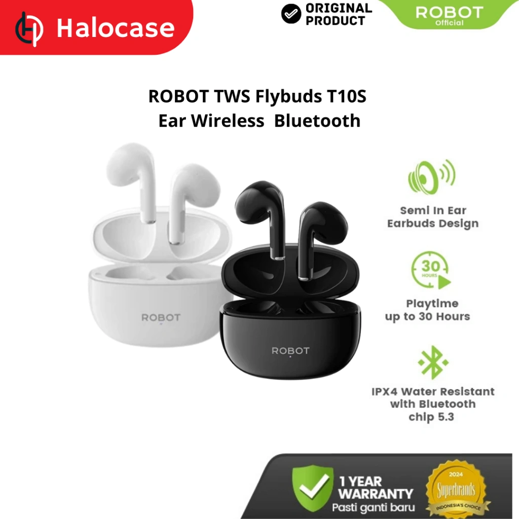 ROBOT TWS Flybuds T10S Semi In Ear Wireless Earbuds Bluetooth 5.3 - Garansi 1 Tahun