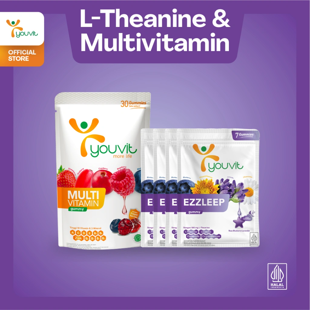 Youvit EZZLEEP 28 Hari (4 Sachet) dan Multivitamin Dewasa 30 Hari (1 Pouch) untuk bantu dapatkan tidur nyenyak & berkualitas dan Imunitas Kuat! | Dengan L-Theanine, Lavender, Chamomile, Chrysanthemum dan Vitamin C, Vitamin D, Zink & Superberries