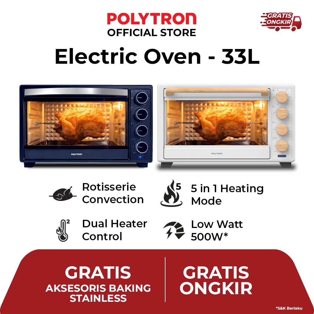 POLYTRON Kitchenmate Oven Listrik Low Watt 33 Liter - PEO 33B1B / PEO 33B2B / PEO 33B2W