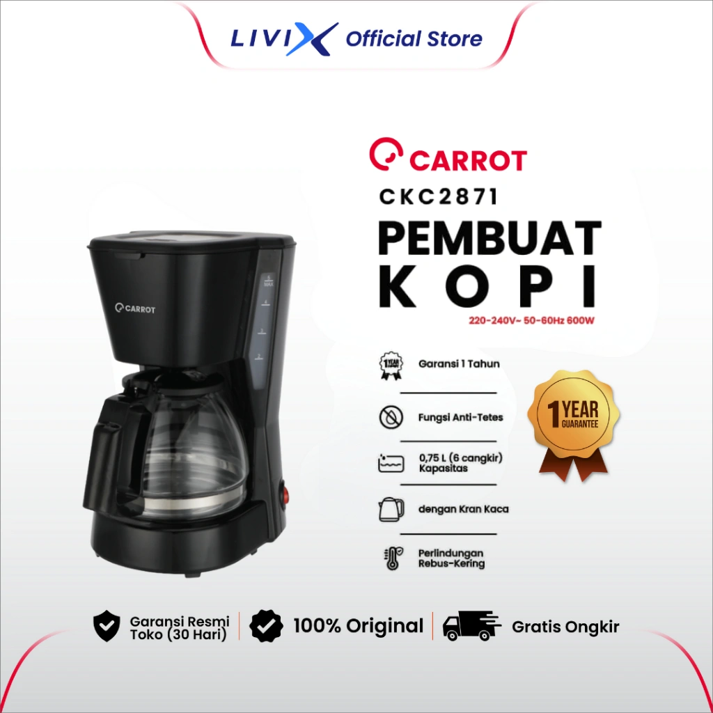 Livix Official Store CARROT Mesin Kopi CKC2871 Tipe Drip Peralatan Rumah Tangga 750ml, 2 Fungsi Untuk Kopi dan Teh