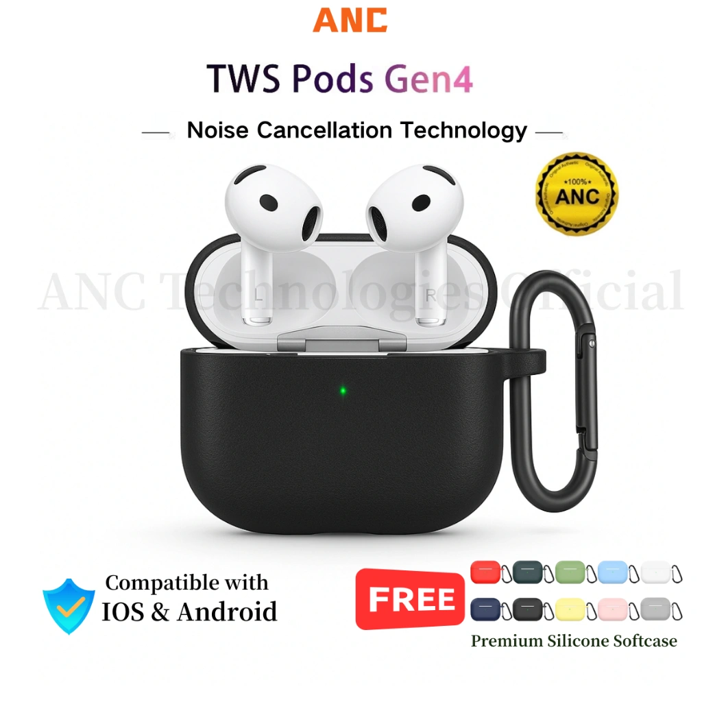 ANC Buds TWS Pods Gen4 Earphone bluetooth headset iPhone + Free Premium Silicone Softcase for AirPods Gen 4 AirPods Gen 3 1:1 AirPods iPhone
