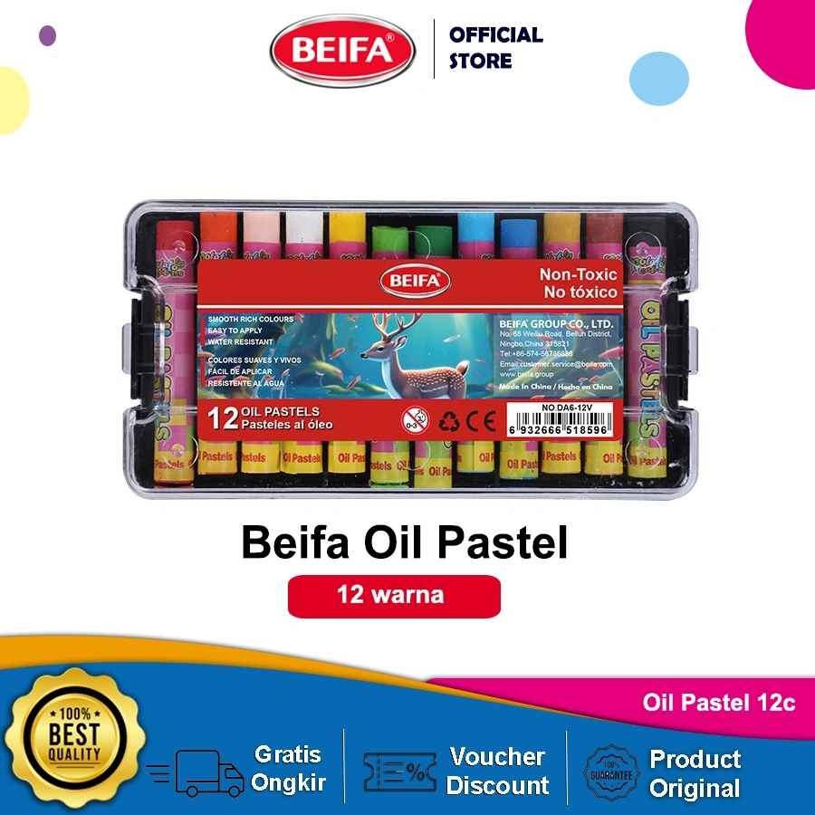 Beifa Krayon Oil Pastel DA3 –12 Warna Non-Toxic, Aman untuk Anak