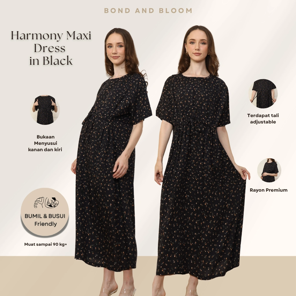 Bond and Bloom Harmony Maxi Black Pregnant Nursing Dress Panjang, Baju Hamil Menyusui, Rayon Premium
