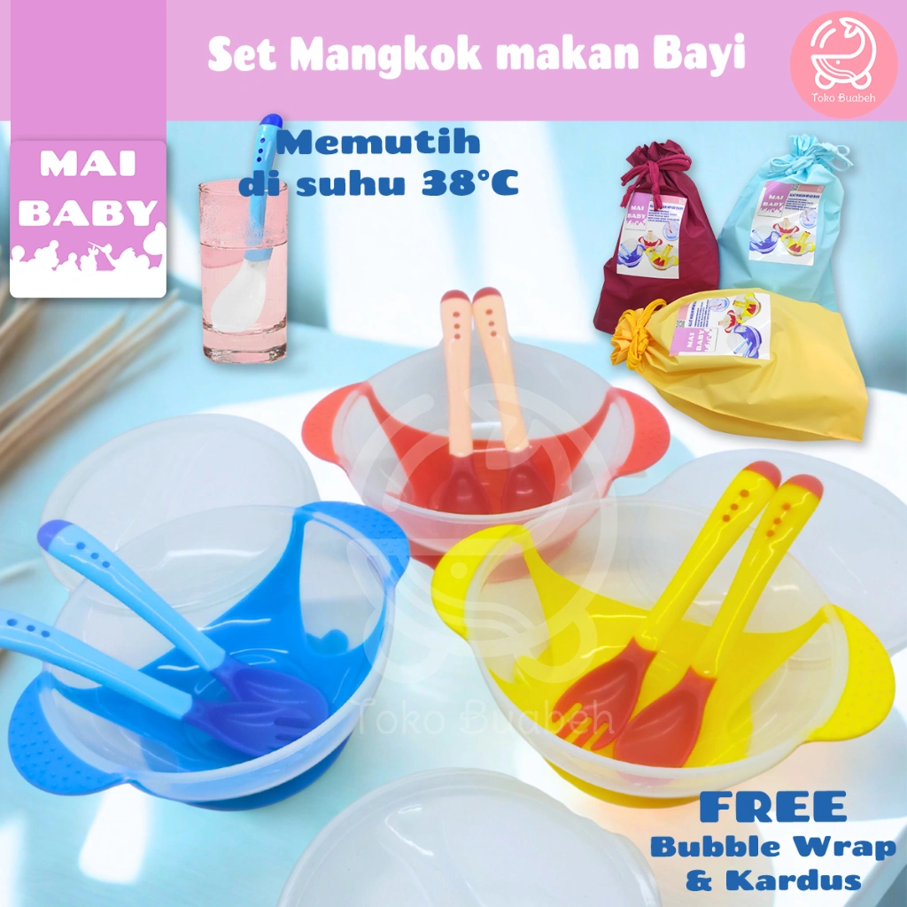 Mai Baby Set Alat Makan Mpasi Bayi Berisi Mangkok Plastik Sendok Garpu Silikon Sensor Panas Pouch
