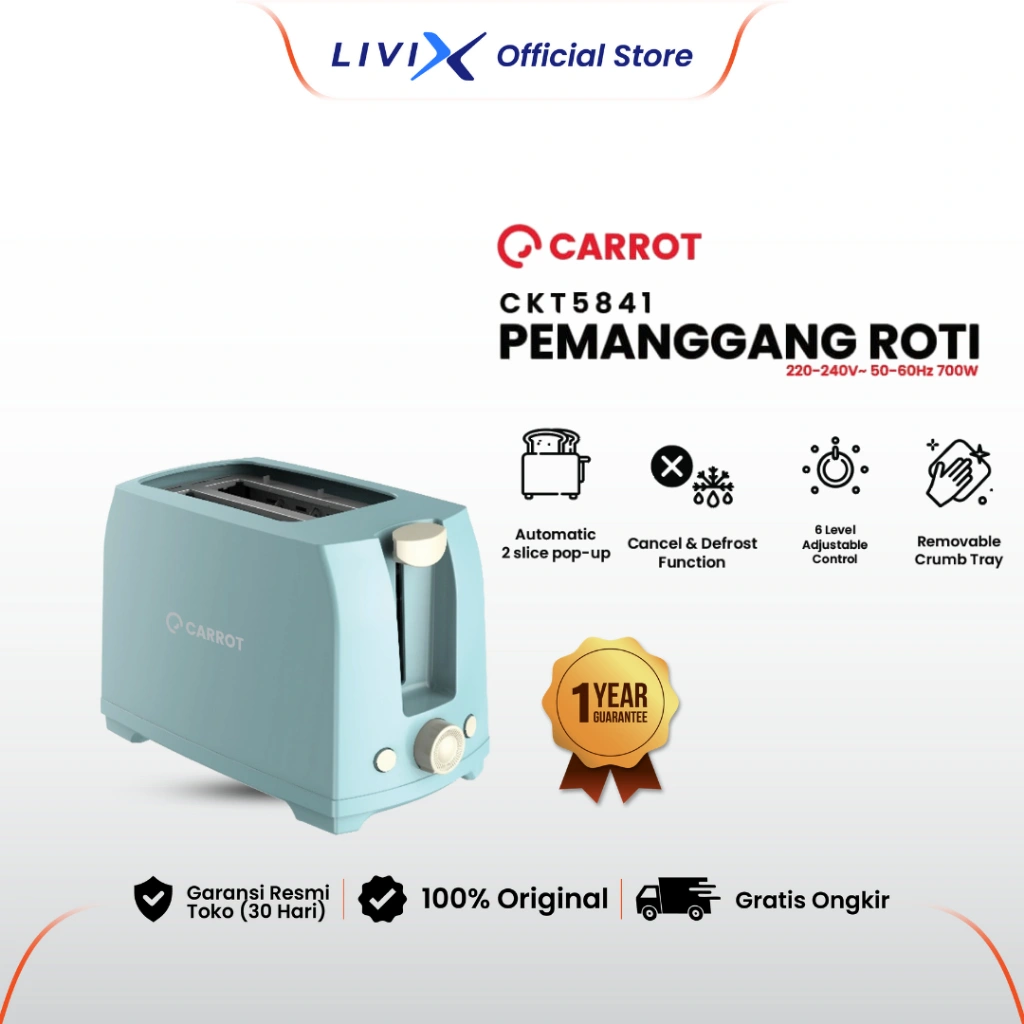 Livix Official Store CARROT Toaster Pemanggang Roti Elektrik CKT5841  Low Watt Mudah Dibersihkan Bergaransi 1 Tahun