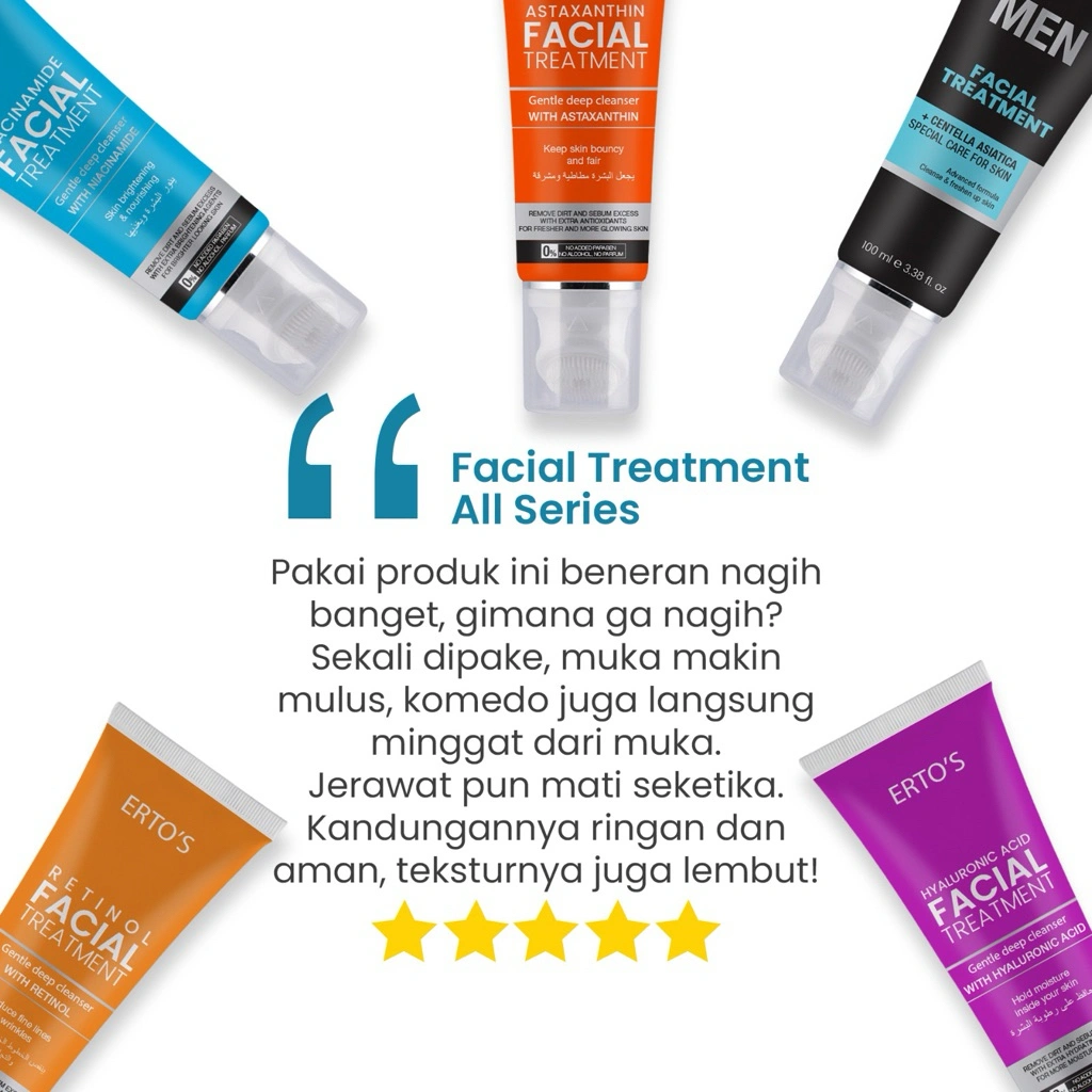 Erto's Facial Treatment Varian / Facial Wash / Sabun Cuci Muka / Cleanser / PH Balance / Untuk Semua Jenis Kulit / Facial Treatment Niacinamide / Facial Treatment Biru / Facial Treatment Hyaluronic / Facial Treatment Astaxanthine / Facial Treatment Men /