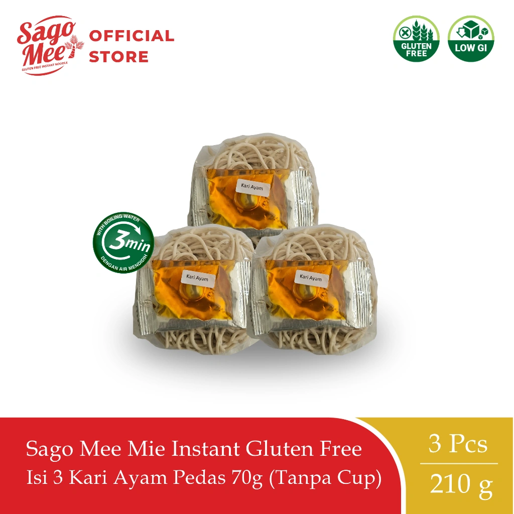 Sago Mee Gluten Free Mie Instan Rasa Kari Ayam Pedas 70g Triple Pack (Tanpa Cup)
