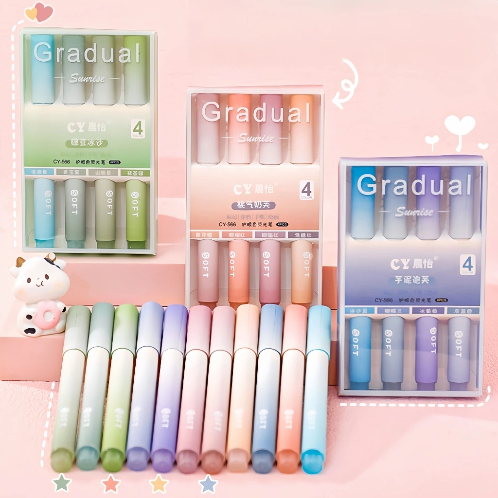 4Pcs/Box Higlighter mark Pen Gradient Gentle Wear-resistant Color Fluorescent Pens School Supplies