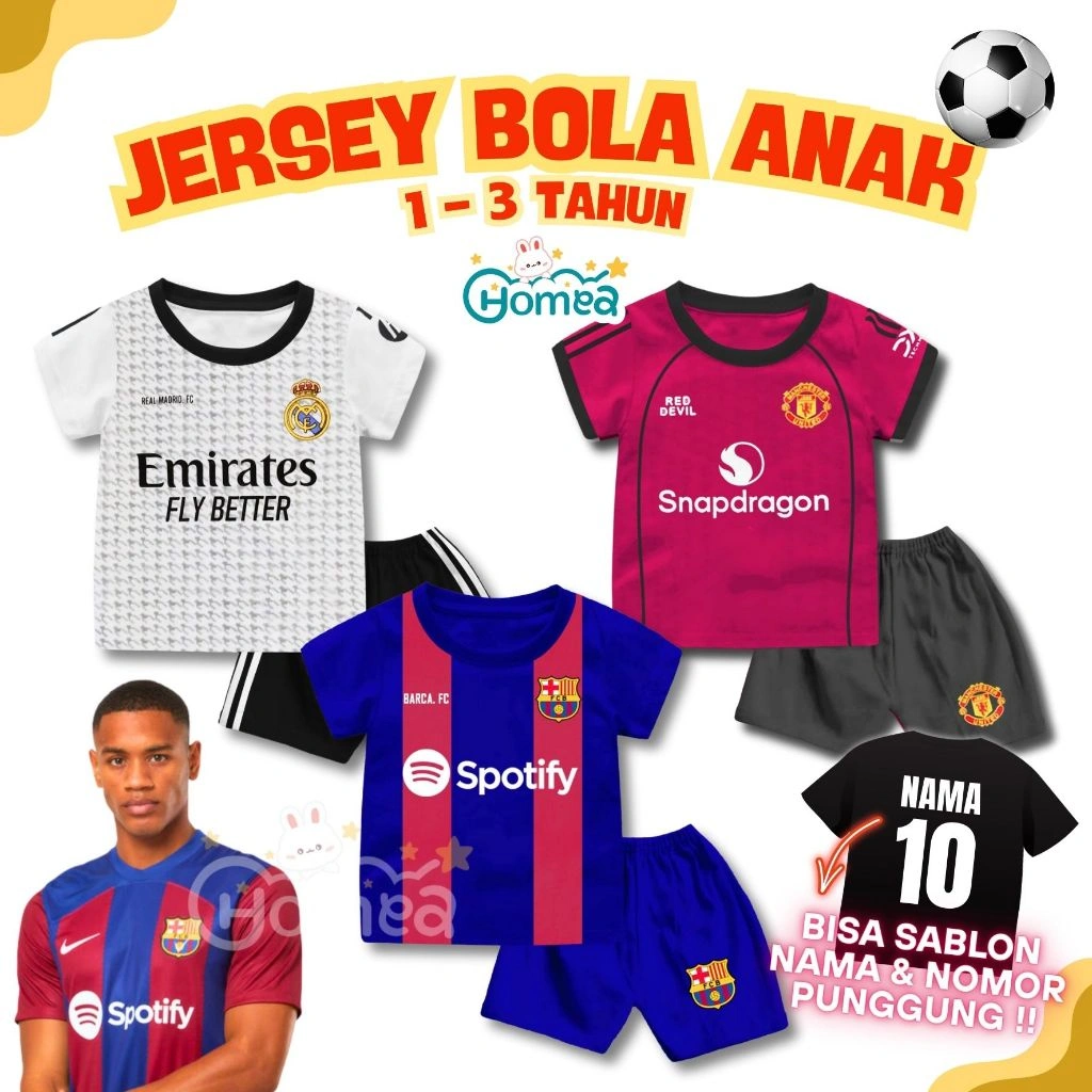 HOMEA Setelan Baju Pendek Bola Jersey Anak Balita 1 - 3 Tahun Kaos Bola Anak