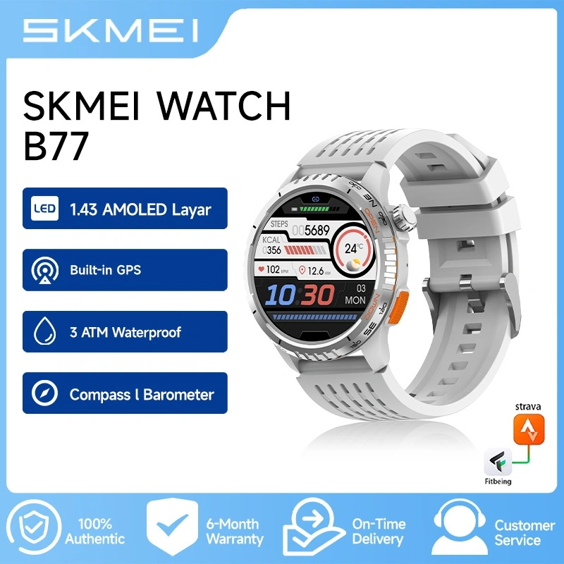 SKMEI B77 Smart watch 1.43 AMOLED Layar Built-in GPS 3 ATM jam tangan cowok tahan air Waterproof  Screen Bluetooth Phone Call
