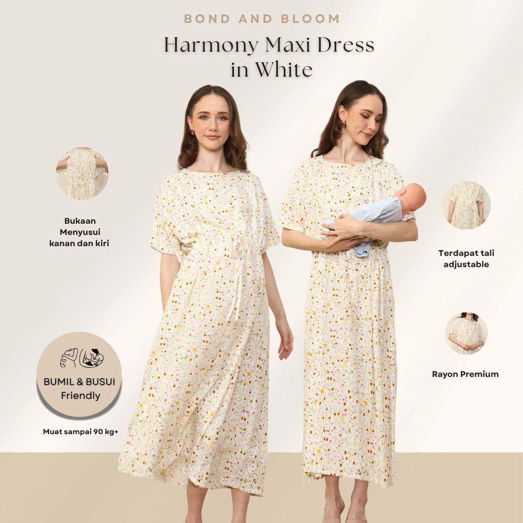Bond and Bloom Harmony Maxi White Pregnant Nursing Dress Panjang, Baju Hamil Menyusui, Rayon Premium