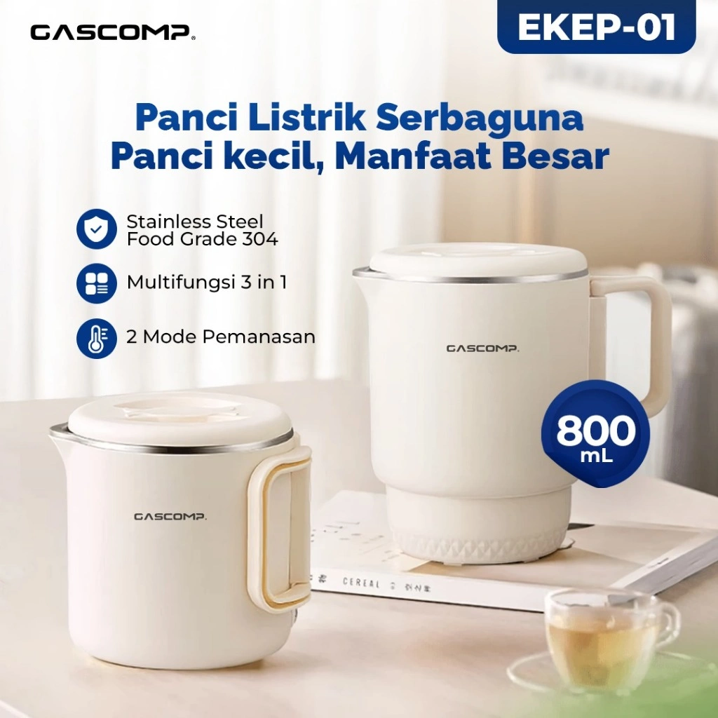 GASCOMP Panci Listrik Porrtable EKEP 01 Panci Listrik Serbaguna 0.8L Multifungsi Stainless Panci Elektrik Anti Lengket dengan Lapisan Almunium Anti Lengket Multi Purpose Electric Cooker Pengaturan Suhu Memasak Mengukus Menumis Merebus Mengkukus