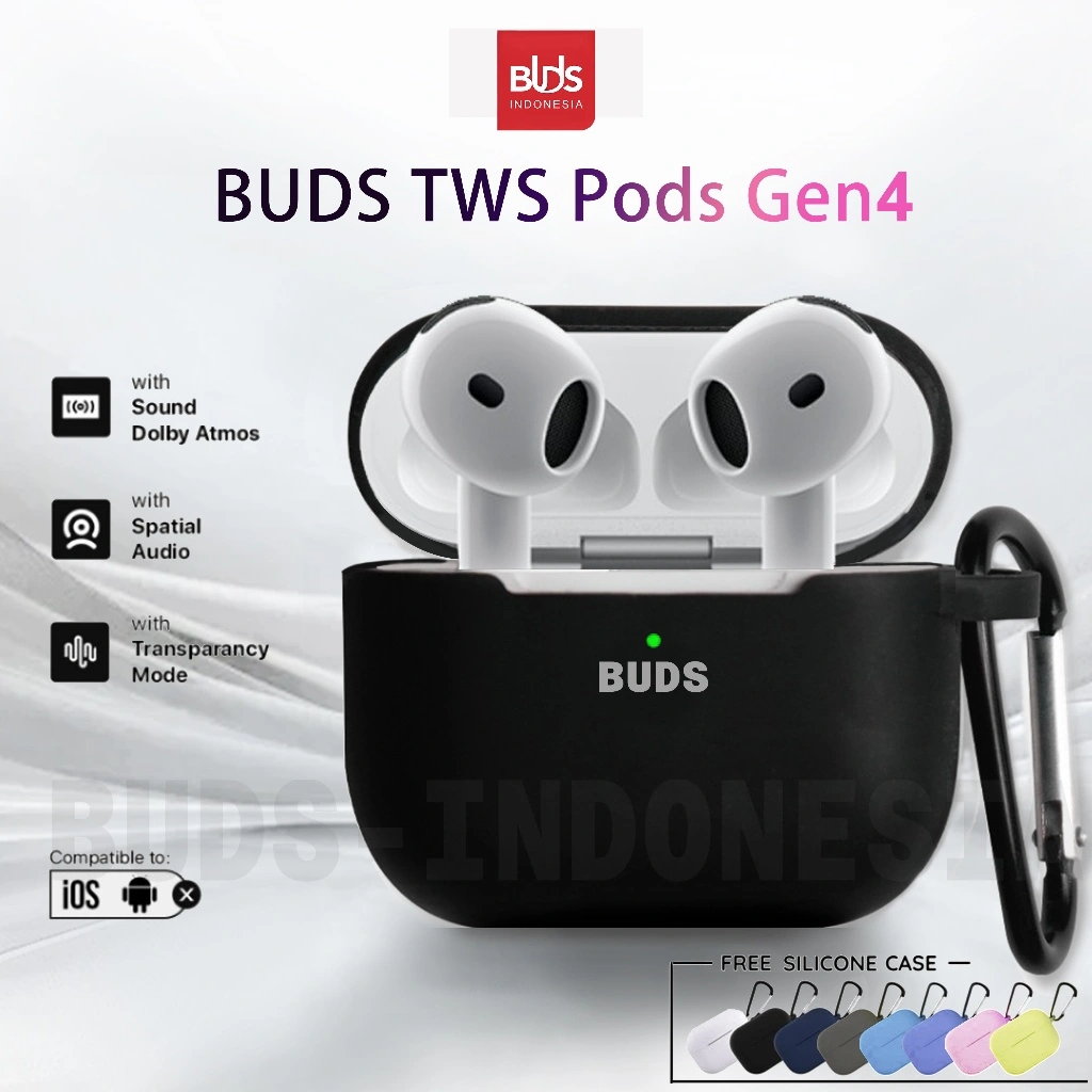 BUDS TWS Pods Gen4 Earphone Bluetooth Headset Bluetooth Wireless Earbuds Super Bass dengan Audio Spatial & Dolby Atmos Surround Sound + Free Premium Silicone Softcas