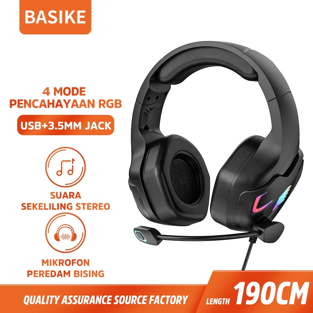 BASIKE Headset Gaming Headphone RGB Over Ear USB+3.5mm Wired Noise Cancelling HiFi Music Bass asli