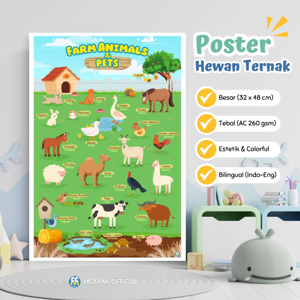 Poster HEWAN TERNAK Edukasi Anak Belajar Mengenal Nama Binatang Ternak Bilingual Indonesia-English