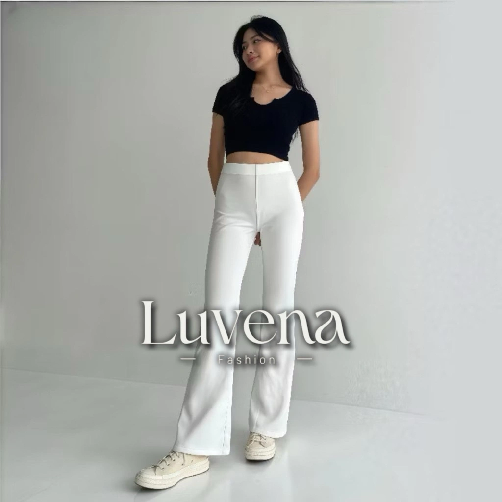 Luvena Fashion Celana Fit & Flare Pants Cutbray Scuba Pinggang Highwaist Bahan Stretch Melar Elastis