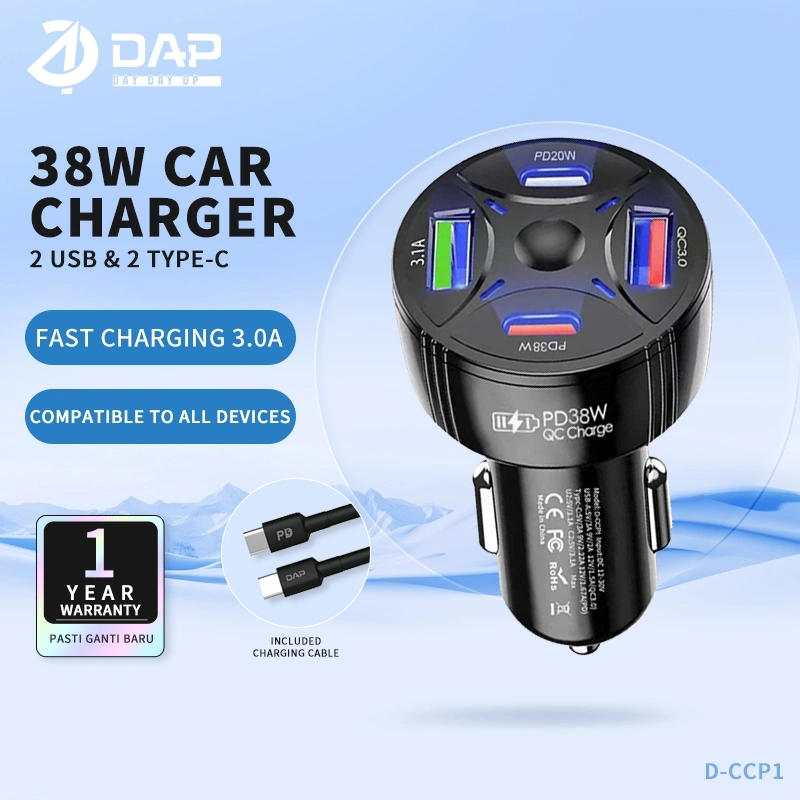 DAP D-CCP1 Car Charger PD 38 watt QC 3.0A 2 Port USB & 2 Type C Include Cable C to C-Garansi 1 Tahun