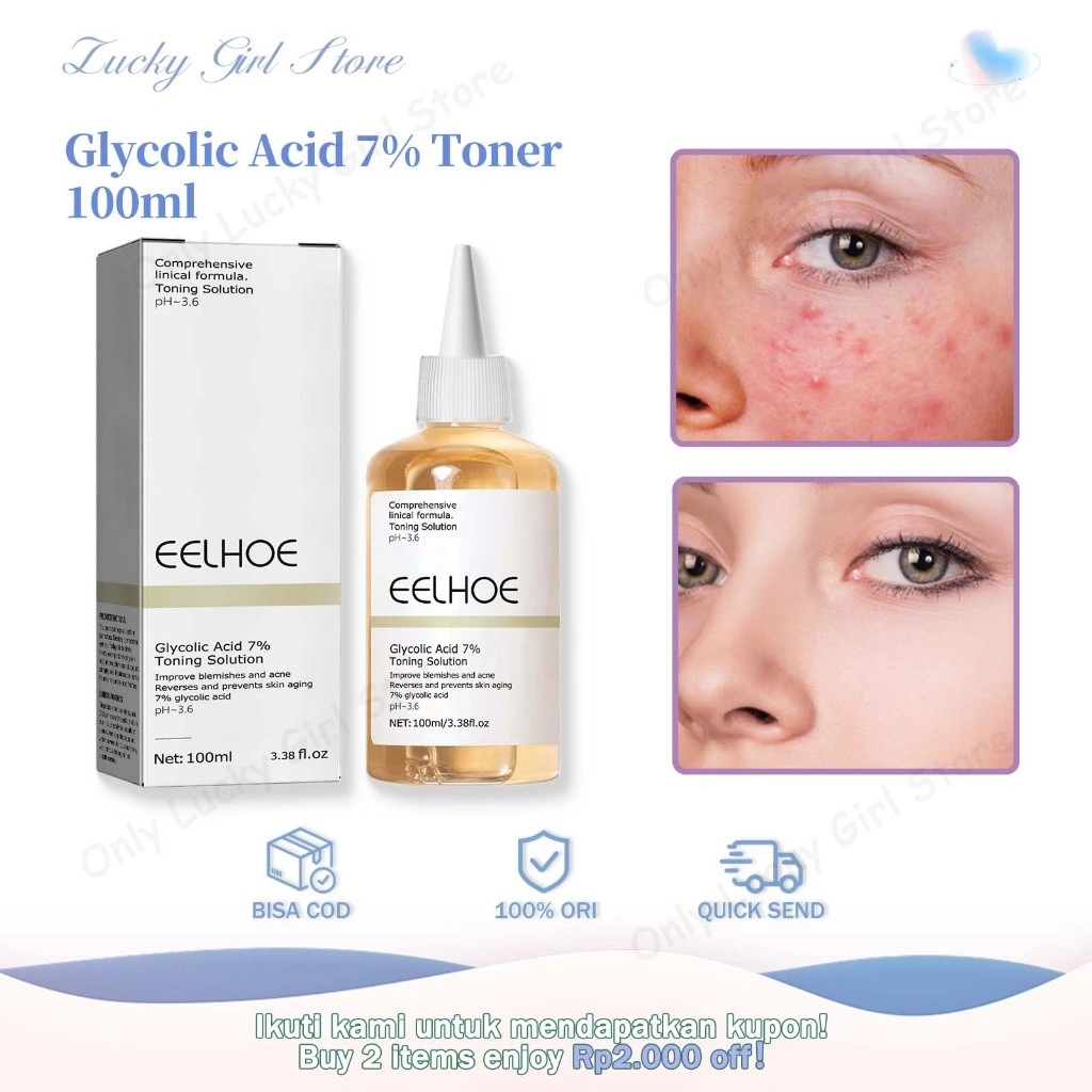 EELHOE Glycolic Acid 7% Toning Solution 100ml Toner Kulit Jerawat Anti Acne Mengecilkan Pori Wajah Exfoliating Mencerahkan Haluskan Kulit Dark Spot Remover