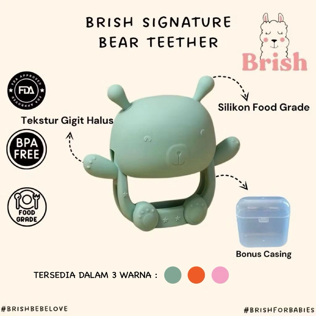 Teether Bear - Brish - Gigitan Bayi Silikon Kualitas Tinggi | Food Grade | BPA Free | Bonus Casing