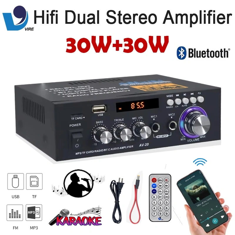 VIRE 30W+30W Amplifier Terbaru Audio Mini Bluetooth HI-FI Amplifier Mic Dual Channel Input Home Karaoke Stereo penguat Audio profesional