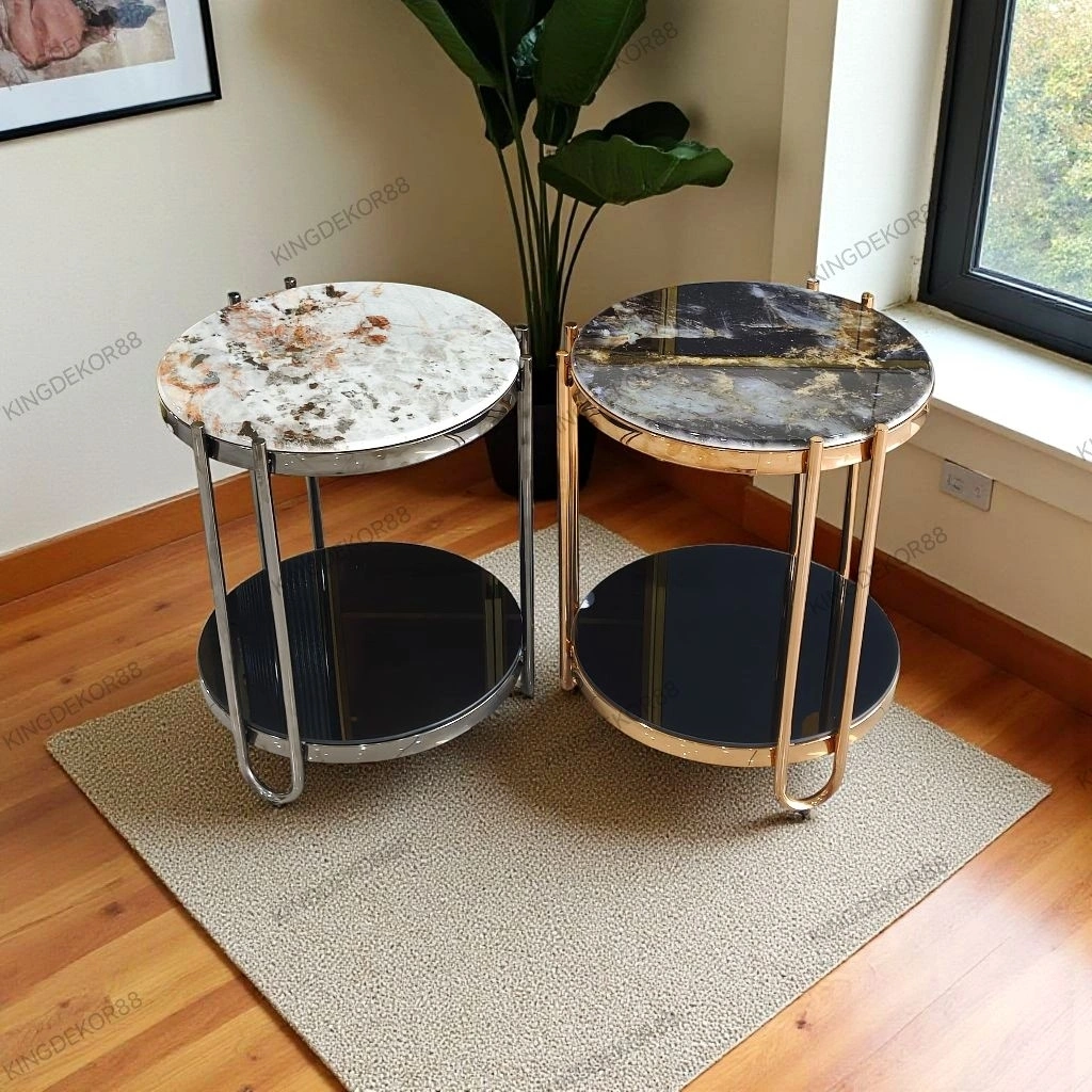 KD88 NIKO | Meja Sudut Impor Top Marmer Kaki Besi Bulat | Meja Hias Samping Sofa Minimalis 2 Tingkat