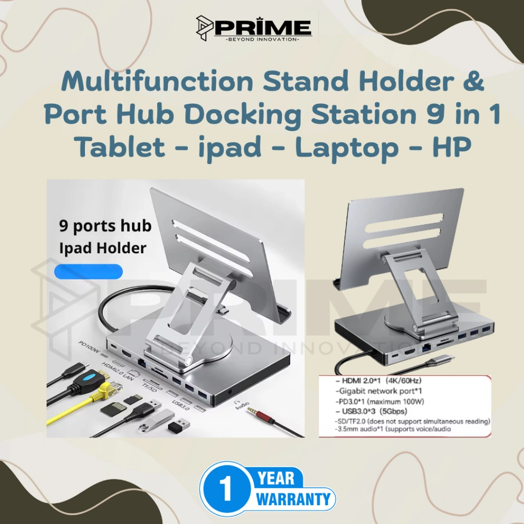 ipad Tablet HP Laptop Stand Holder Nonton Netflix Sambungan Docking Station Port Hub 9in1 Multifunction Charging Audio Hdmi 4k
