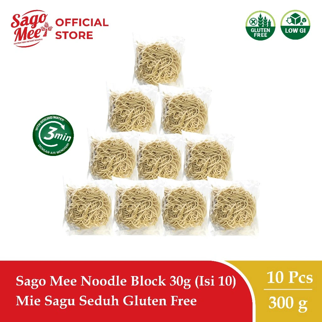 Sago Mee Gluten Free Mie Instan Noodle Block 30g (Isi 10) Mie Sagu Seduh Tanpa Cup Tanpa Bumbu