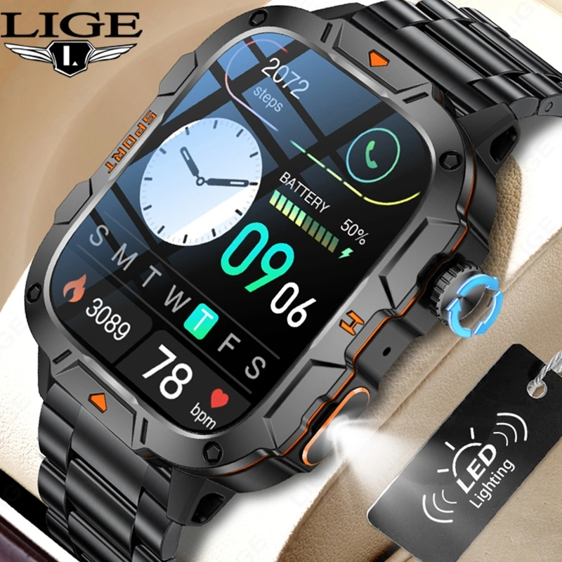 LIGE Jam Tangan Pintar Pria Tahan Air Senter LED 100+ Olahraga Tekanan Darah Monitor Denyut Jantung Kalkulator Smartwatch