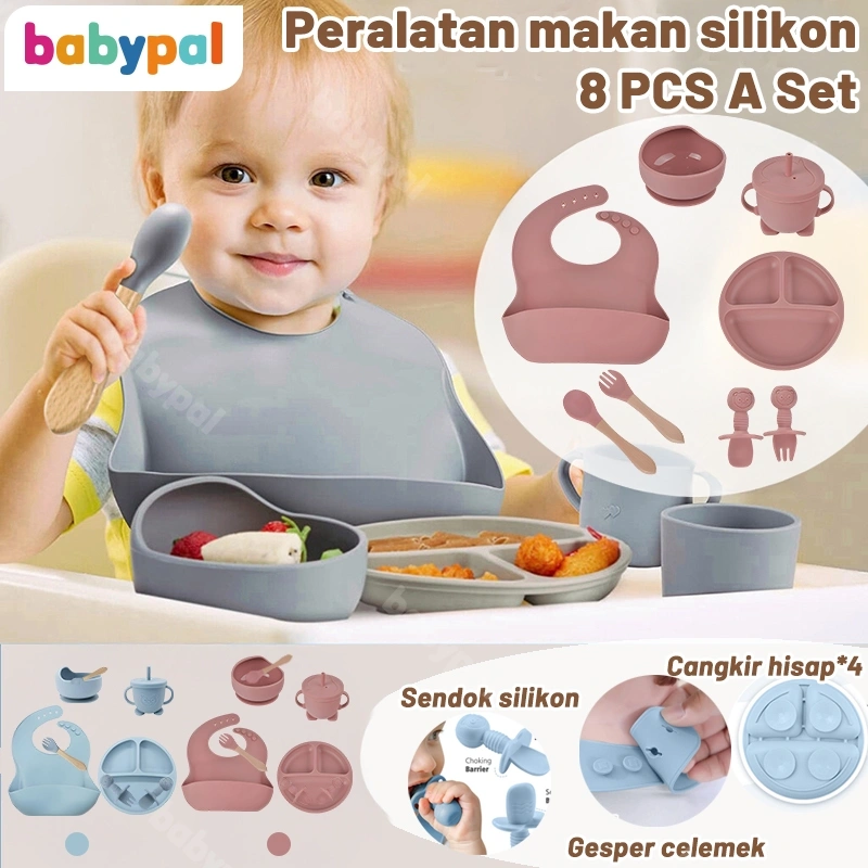 Babypal 8PCS Peralatan Makan Bayi Silicon Tempat Makan Bayi Set Training Cup Bayi Alat Mpasi Bayi 6 Bulan Lengkap Set Celemek Makan Bayi Mangkok Sendok Anak Food Container