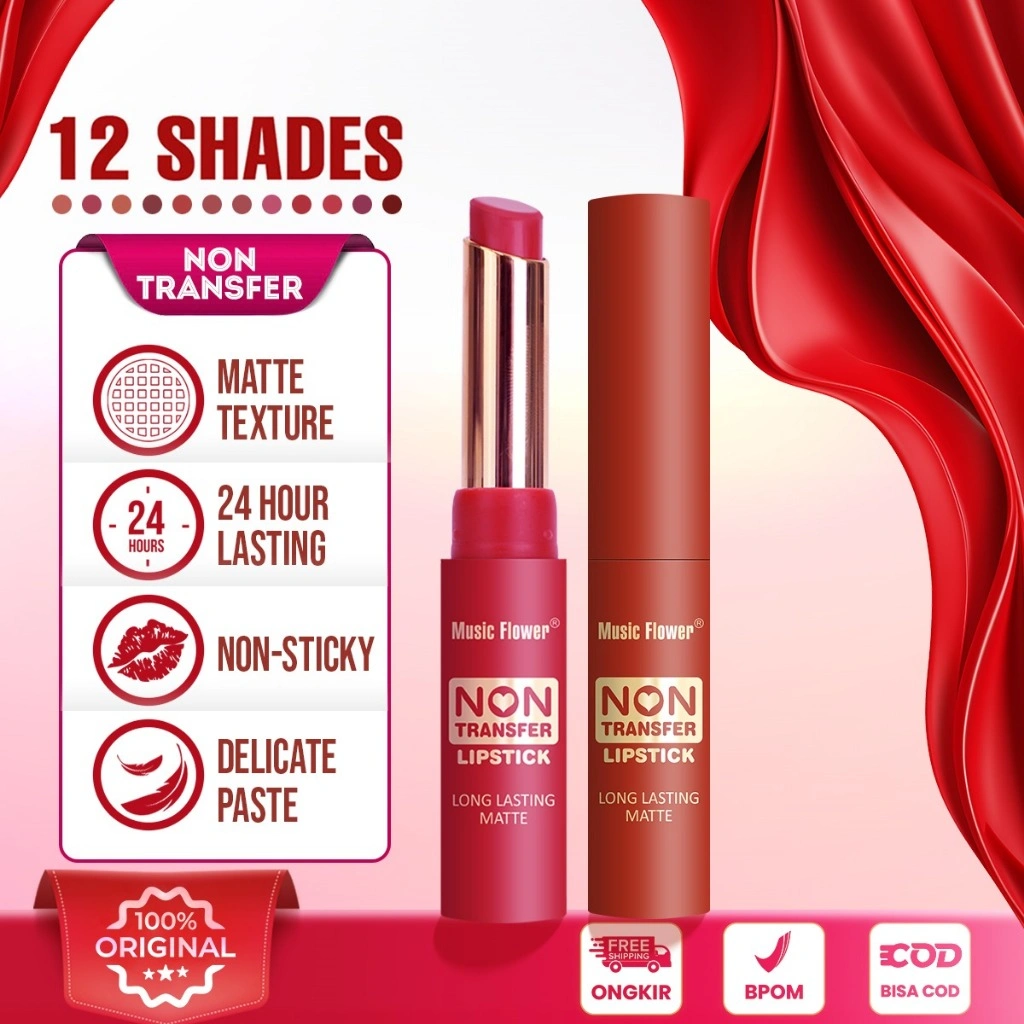 Music Flower Non-Transfer Lipstick Matte Silky 24H Long Lasting Transferproof Lip Makeup Transferproof Tahan Lama, Ringan dan Tidak Lengket