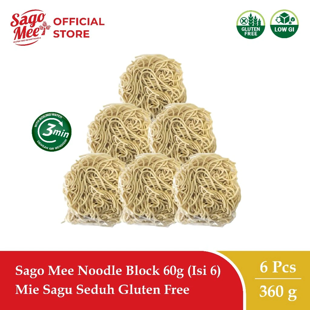 Sago Mee Gluten Free Mie Instan Noodle Block 60g (Paket Isi 6) Mie Sagu Seduh Tanpa Cup Tanpa Bumbu