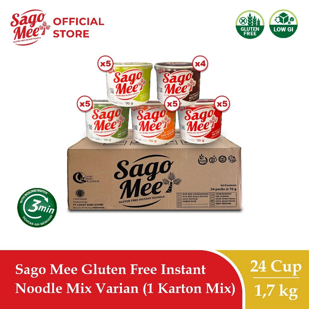 Sago Mee Paket Mix Gluten Free Mie Instan Mix Varian (1 Karton isi 24 Mix)