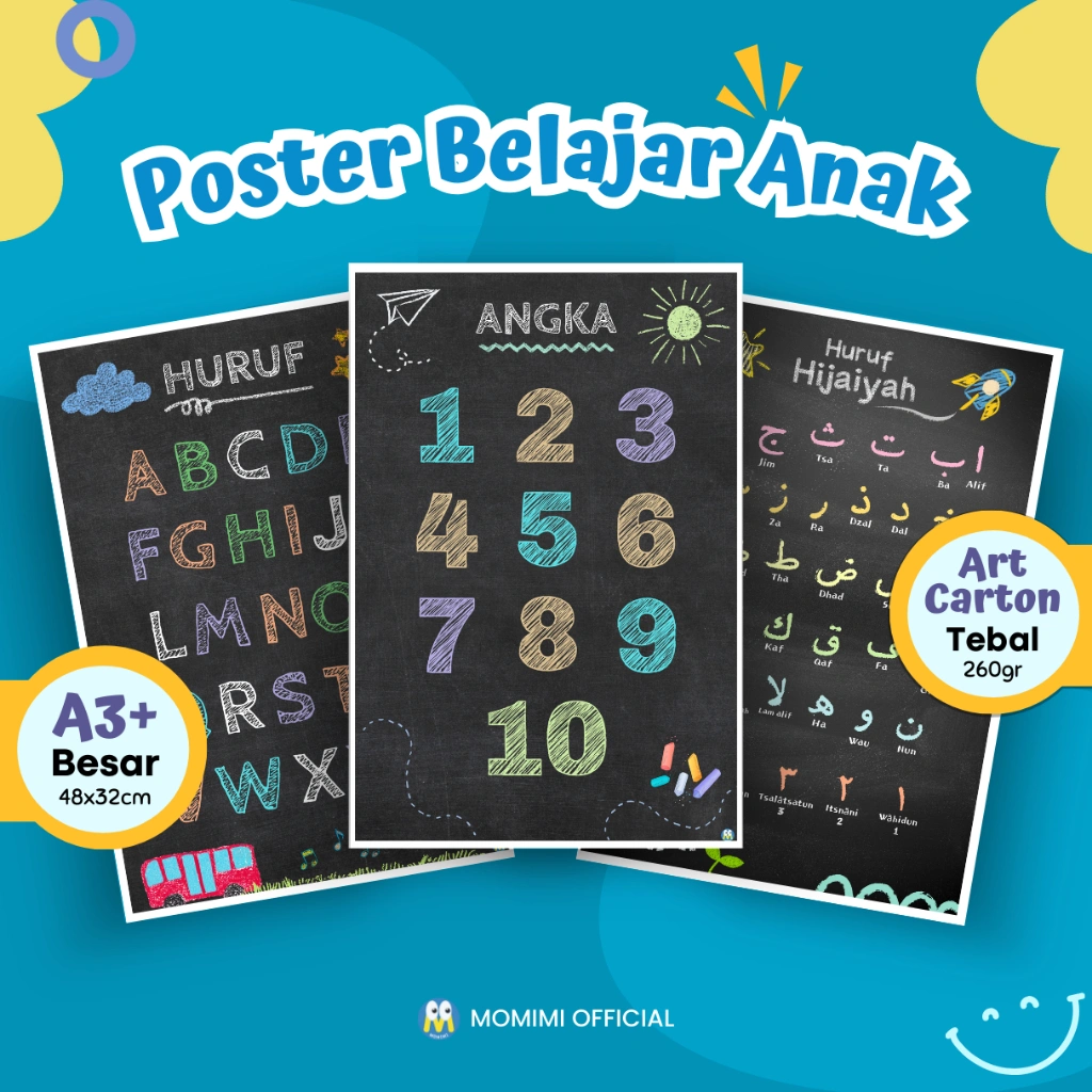 Poster Edukasi Anak Belajar Angka Huruf Abjad Alfabet Hijaiyah Estetik Tema Chalk Papan Tulis