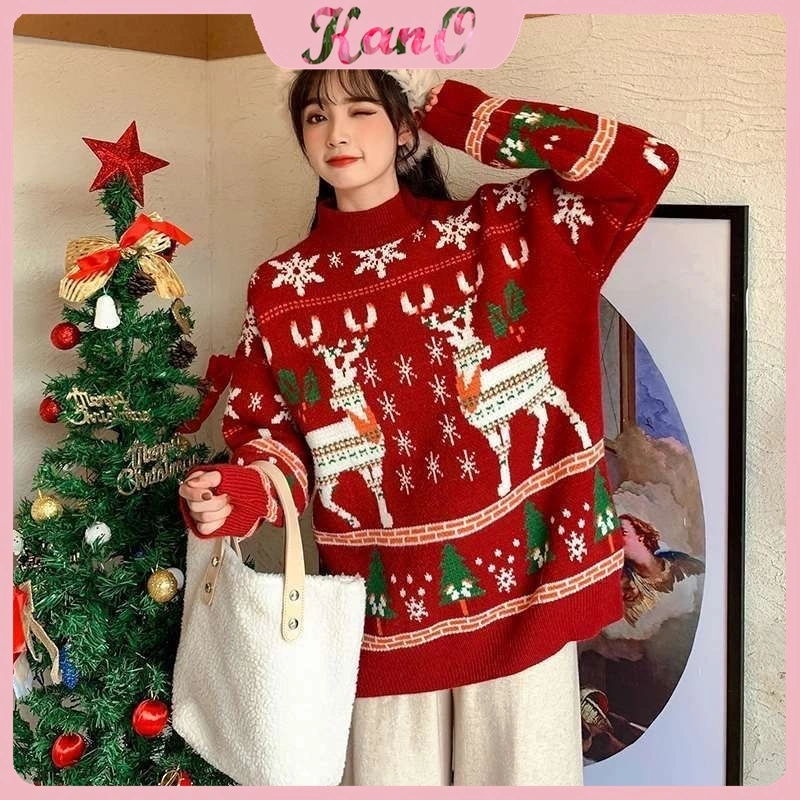 Kano Wanita jumper mid-length baru wanita longgar luar menebal Natal jumper merah