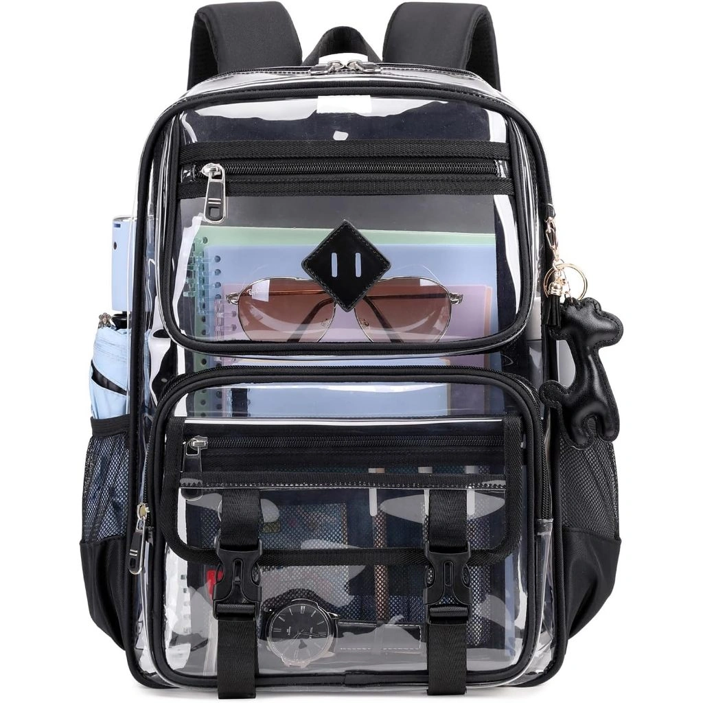 Tas Ransel Bening untuk Sekolah, Tas Buku Bening PVC Tas Ransel Transparan Tugas Berat untuk Acara Stadion Tas Tembus Pandang dengan Banyak Kantong untuk Remaja Siswa Wanita Pria dengan Liontin Kulit, Hitam