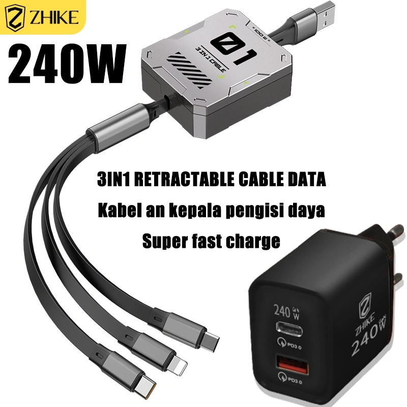 ZHIKE Kabel Data Pengisi Daya USB Tipe C Mikro 3 In 1 M300 Pengisian  Mecepat 6A 100W Micro TypeC Adaptor 240W Teleskopis Kabel 120cm Dukung Pengisian Cepat Type C Cable for Smartphones Tablets Laptops other Elektronik Devices