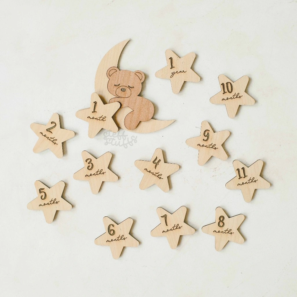 SLEEPING BEAR INTERCHANGEABLE MILESTONES | Baby Newborn Journal Kit Wooden Kayu Photo Props Tema Bear
