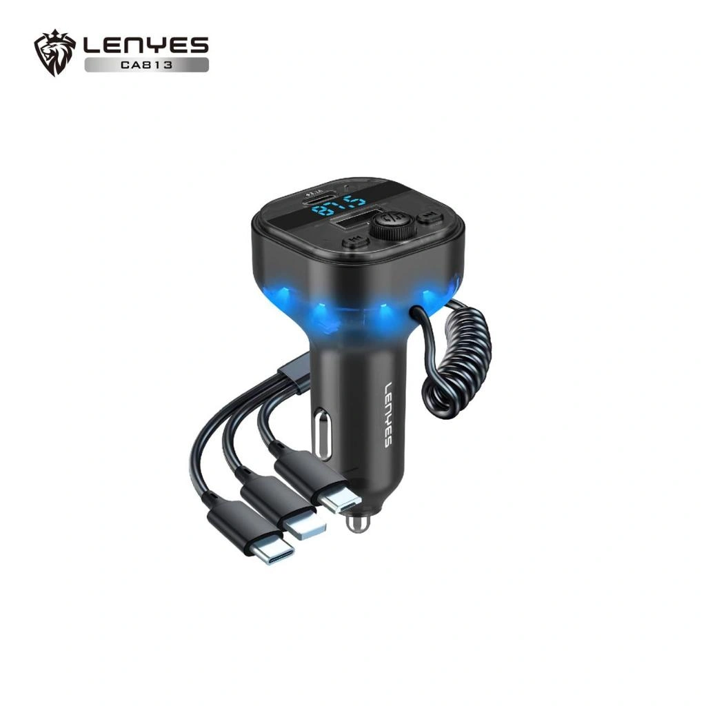 LENYES CA813 Car Charger FM Transmitter Bluetooth 5.3 Modulator Dual Port dengan Kabel Built-In (Lightning, Type C, Micro USB) & Mic
