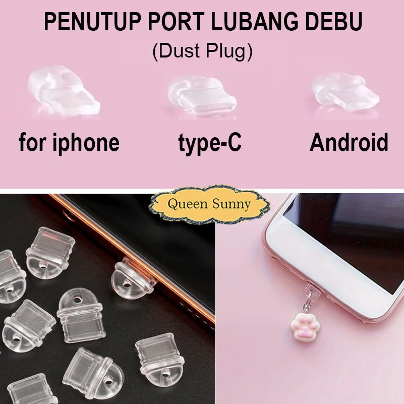 1pc Tutup Penutup Port Anti Debu IPHONE / TYPE C / ANDROID Tutup Lubang HP Dust Plug Port Charger - Bisa Dipasang Manik-Manik Charm Aksesoris Bandul Gantungan Resin - QUEEN SUNNY