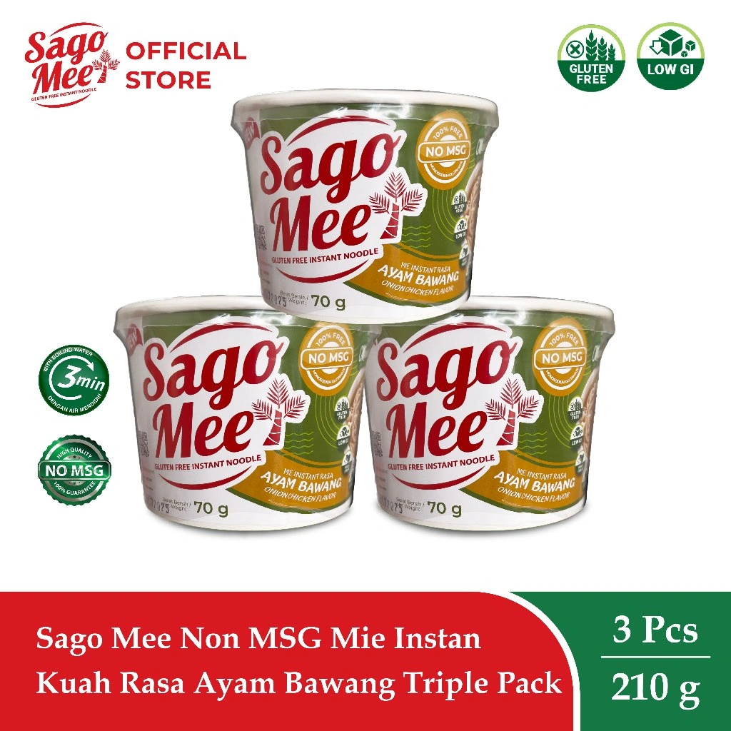 Sago Mee Gluten Free Mie Instan No MSG Cup Kuah Rasa Ayam Bawang 70g Triple Pack